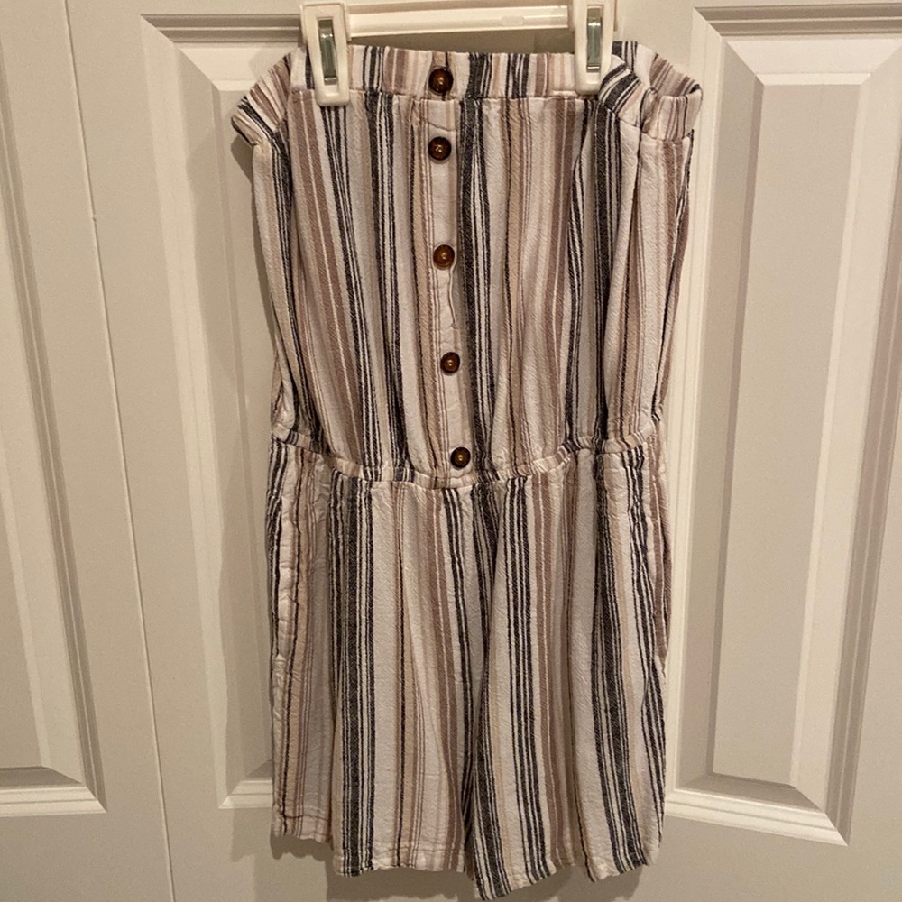 J is for Justify off the shoulder strapless striped multi colored romper